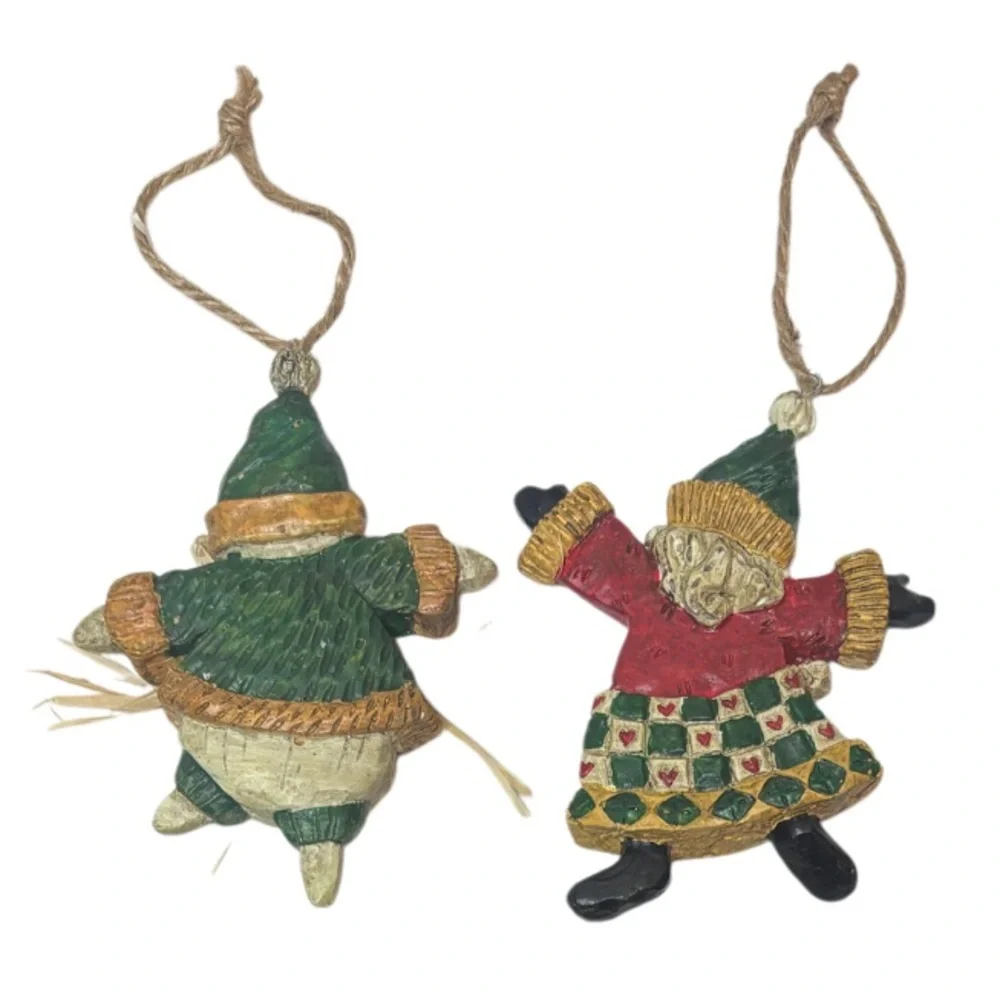 Whimsical Christmas Ornaments Hand Crafted Vintage Snowman Santa 2 Pc Set Red